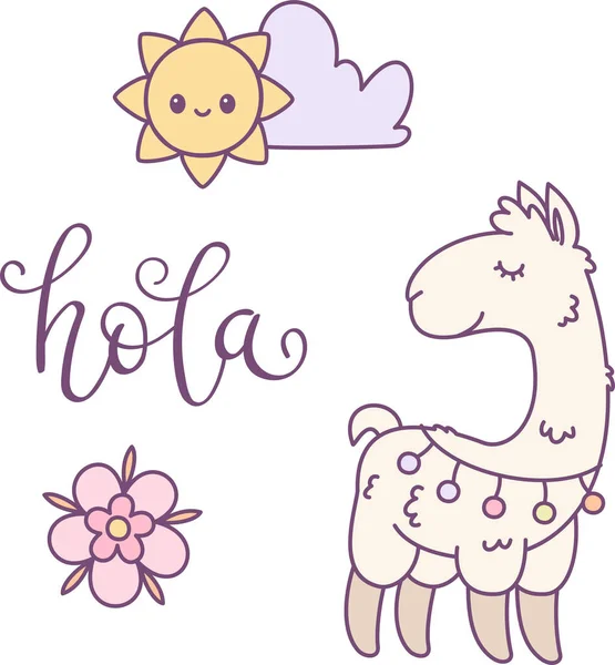 Llama, sun with cloud and flower cartoon illustration. Hand writ — Stock Vector