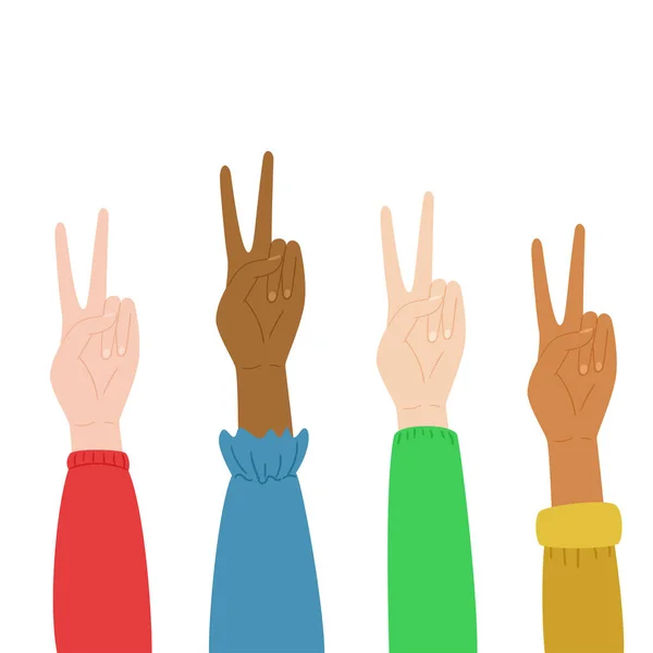 Many Hands Different Skin Color Show Victory Sign Isolated Hands — Stock Vector