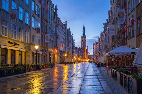 Gdansk, Poland - May 5, 2018: Architecture of the old town in Gdansk with city hall at dawn, Poland