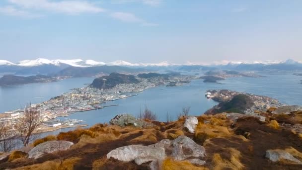 Hermoso Paisaje Costa Oeste Noruega Desde Colina Sukkertoppen Sugar Loaf — Vídeos de Stock