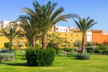 Hurghada, Mısır - 6 Nisan 2013: Hurghada içinde üç köşe Sunny Beach resort tropikal. Üç köşe olduğunu Belçika şirketi ile Mısır'daki Kızıl denizde 11 otel ve bir Budapeşte, Macaristan.