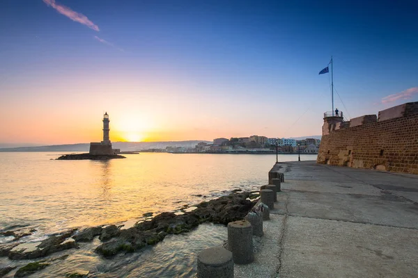 Hanya Eski Venedik Liman Gündoğumu Crete Deniz Feneri Yunanistan — Stok fotoğraf