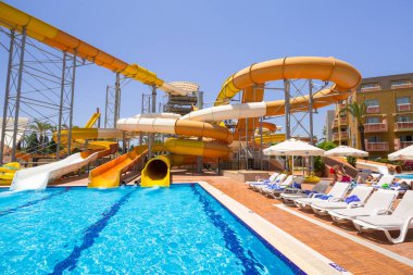 Side, Türkiye - 7 Haziran 2018: Waterpark Tt Pegasos dünya Resort Side, Türkiye yakın. Pegasos World Hotel 4 yıldızlı tesistir 9600 metrekare havuz alanları ile.
