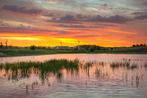 Coucher Soleil Incroyable Sur Étang Pologne — Photo