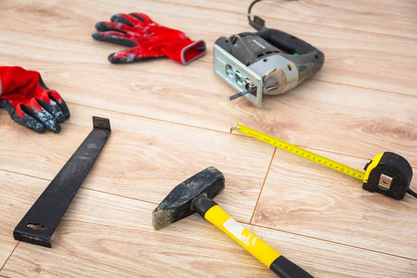 Instalação Novo Piso Madeira Casa — Fotografia de Stock