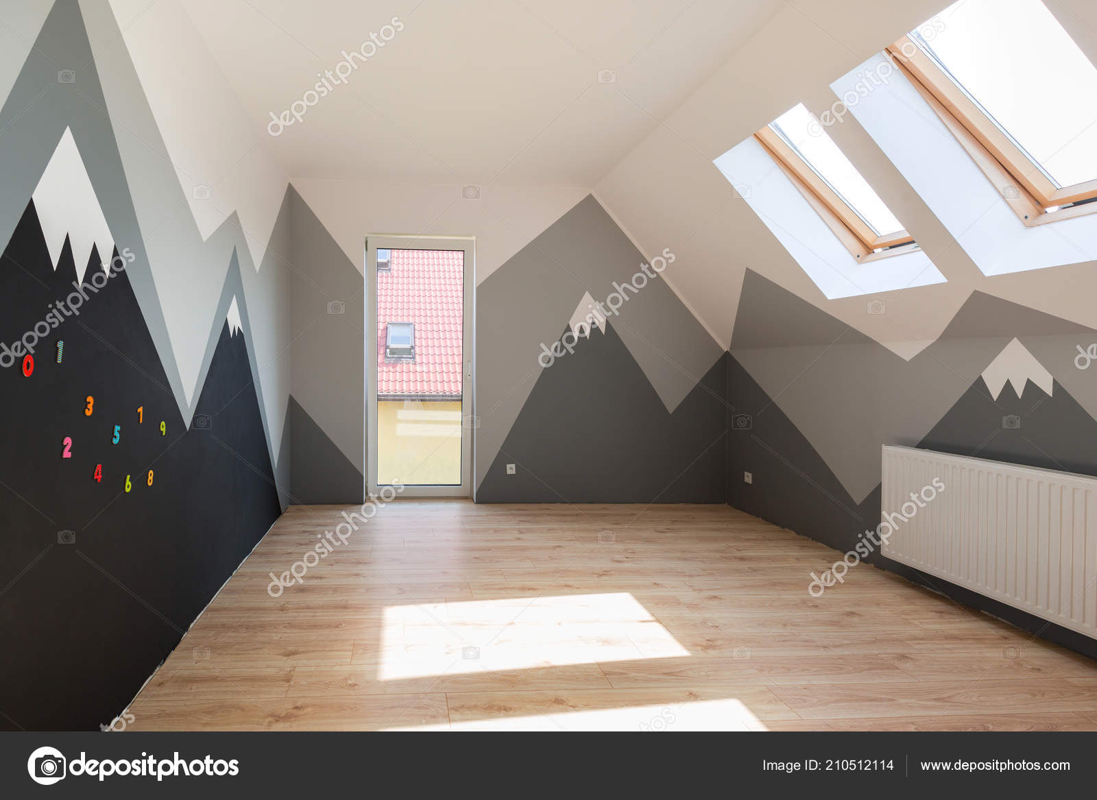 Kids Bedroom Mountains Paint New Laminated Floor Stock Photo