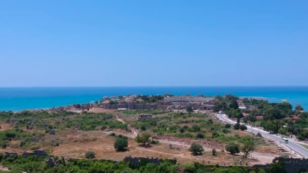 Luftaufnahme Der Antiken Ruinen Der Seitenstadt Der Türkei — Stockvideo