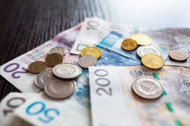 Yığını Polonya Zlotisi banknot ve madeni paralar