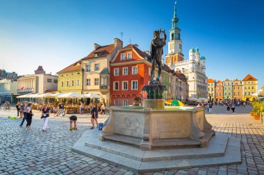 Poznan, Polonya - 8 Eylül 2018: Eski Pazar Meydanı ile Apollo Çeşmesi Poznan, Polonya'nın eski şehirde. Poznan bir şehirdir Warta Nehri Batı merkezi Polonya