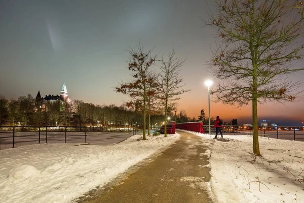 Paesaggio Invernale Con Lago Ghiacciato Notte Svezia — Foto Stock