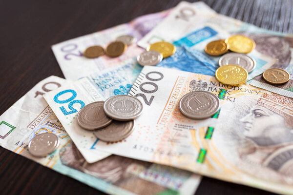 Stack Polish Zloty Banknotes Coins — Stock Photo, Image