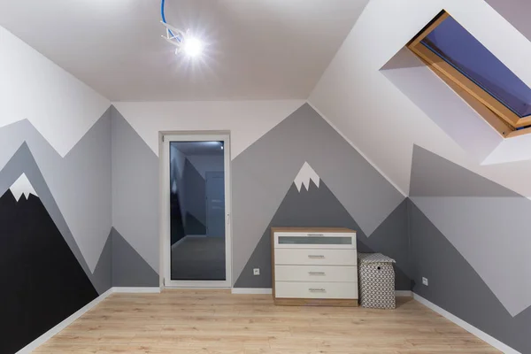 Kids bedroom with mountains chalkboard paint and new laminated floor