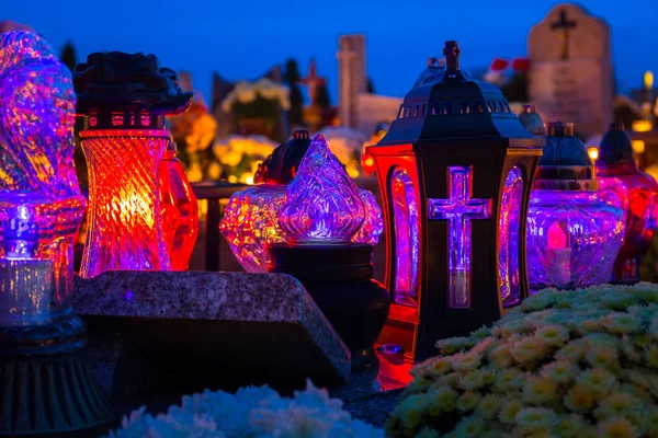 Velas Colores Cementerio Día Todos Los Santos Polonia — Foto de Stock