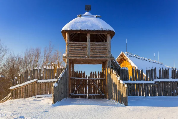 Śnieżna Zima Osadzie Średniowiecznej Osady Pruszcz Gdanski Polska — Zdjęcie stockowe