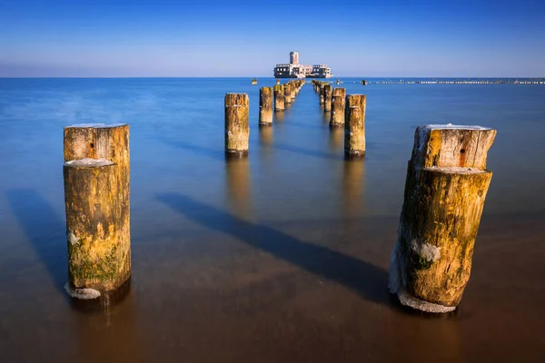 Frozen Wooden Breakwaters Line Baltic Sea Babie Doly Poland — Stock Photo, Image