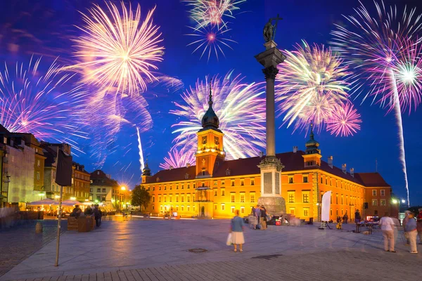 Vuurwerk Royal Castle Plein Van Warschau Polen — Stockfoto