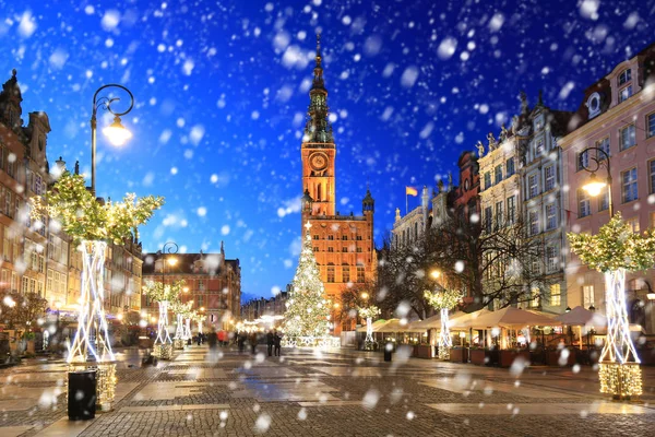 Staré Město Gdaňsk Chladné Zimní Noci Padajícím Sněhem Polsko — Stock fotografie