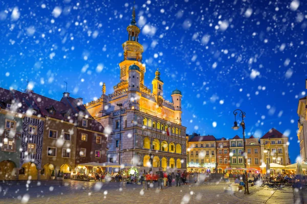 Old Town Poznan Cold Winter Night Falling Snow Poland — Stock Photo, Image