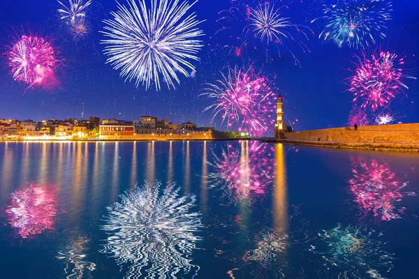 New Year Fireworks Display Harbor Chania Greece — Stock Photo, Image