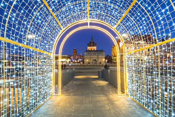 Architektur Der Danziger Altstadt Der Abenddämmerung Mit Weihnachtsbeleuchtung Polen — Stockfoto