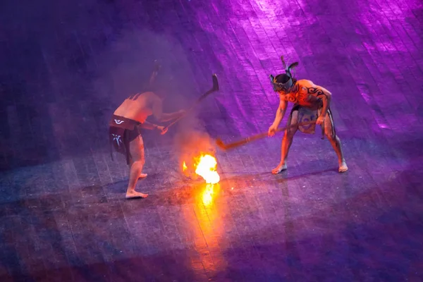 Xcaret Mexico July 2011 Mayan Fire Ball Game Performance Xcaret — Stock Photo, Image