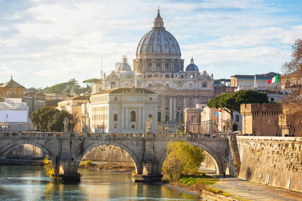 Saint Peter Basilica in Vatican city with Saint Angelo Bridge