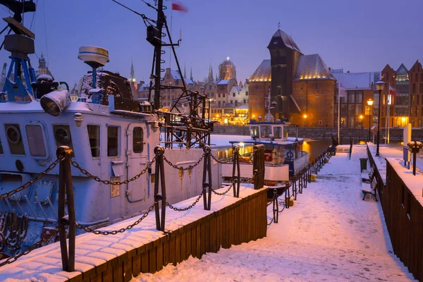 Snowy Winter Oude Stad Van Gdansk Met Bevroren Motlawa Rivier — Stockfoto