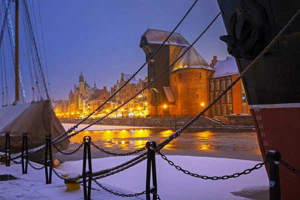 Oude Stad Van Gdansk Motlawa Rivier Besneeuwde Winter Polen — Stockfoto