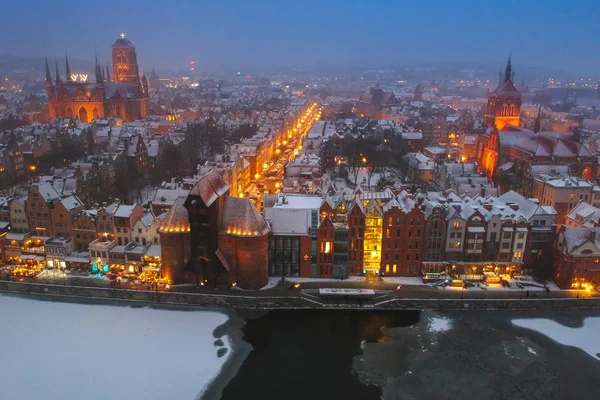 Widok Lotu Ptaka Gdańska Zmierzchu Zimowej Scenerii Polska — Zdjęcie stockowe