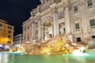 Roma'daki Trevi Çeşmesi güzel mimari gece, İtalya