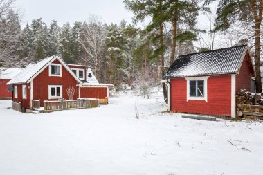 Winter scenery with red wooden house in Sweden clipart