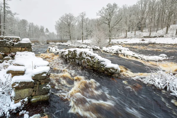 Vad Morrum Folyó Havas Téli Svédország — Stock Fotó