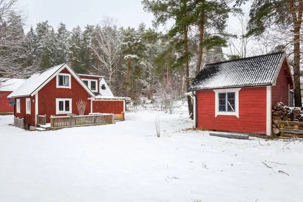 Vinter Landskap Med Röda Trähus Sverige — Stockfoto