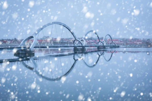 Solvesborgsbron Fußgängerbrücke Mit Schneefall Süden Schwedens — Stockfoto