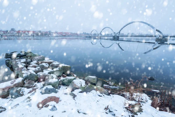 Pont Piétonnier Solvesborgsbron Avec Chute Neige Dans Sud Suède — Photo