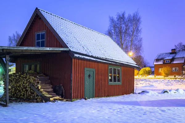 Vinter Landskap Med Stuga Trähus Sverige Natten — Stockfoto