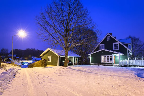 Vinter Landskap Med Stuga Trähus Sverige Natten — Stockfoto