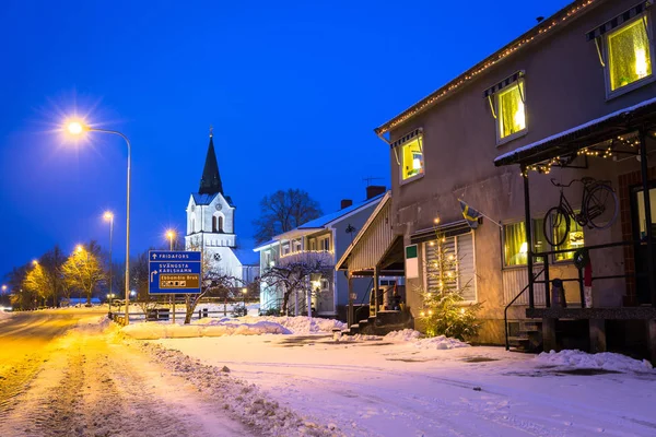 Zimní Krajina Obce Kyrkhult Švédsku Noci — Stock fotografie