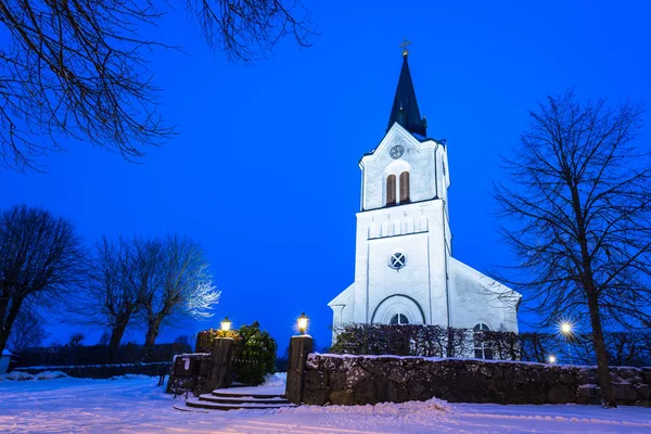 White Church Small Village Sweden Night — Stock Photo, Image