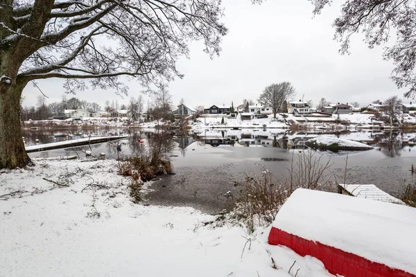 Χειμωνιάτικο Τοπίο Στη Λίμνη Olofstrom Σουηδία — Φωτογραφία Αρχείου