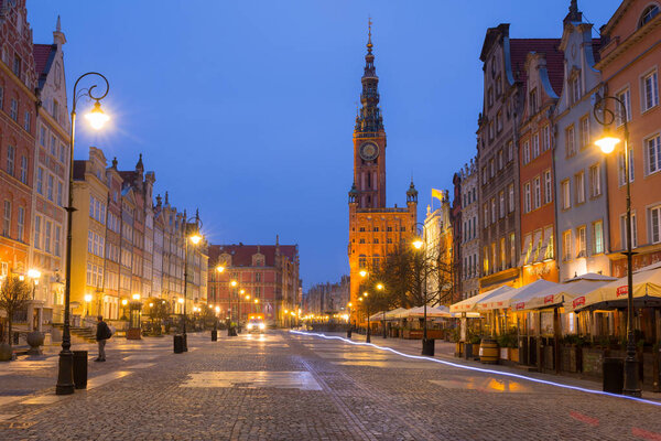 Gdansk, Poland - March 23, 2019: Architecture of the Long Lane of the old town in Gdansk at dawn, Poland