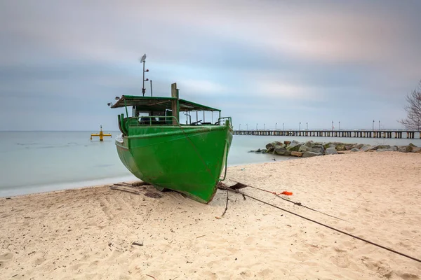 Plage Baltique Gdynia Orlowo Avec Bateau Pêche Aube Pologne — Photo