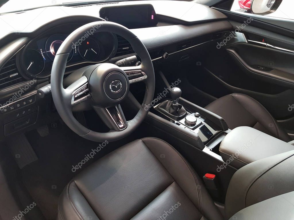 Gdansk, Poland - April 10, 2019: Interior of new 2019 model of Mazda 3 in the car showroom of Gdansk, Poland. Mazda 3 is a popular compact car manufactured in Japan by the Mazda Motor Corporation.