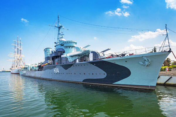 Gdynia, Poland - June 8, 2019: Polish destroyer ORP Blyskawica (Lightning) preserved as a museum ship at the Baltic Sea in Gdynia. Destroyer served in the Polish Navy during World War II.