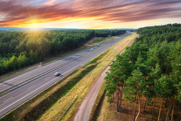 Luchtfoto Van Snelweg Polen Bij Zonsondergang — Stockfoto