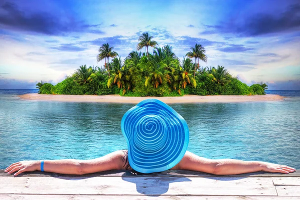 Woman Hat Sun Holidays Island Maldives — Stock Photo, Image