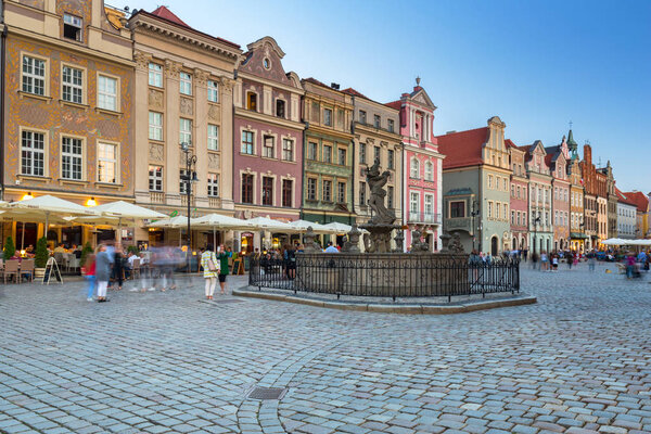 Poznan, Poland - September 8, 2018: Architecture of the main square in Poznan at dusk, Poland. Poznan is a city at the Warta River in west central Poland