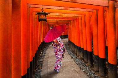 Geleneksel kimono ve umbrela kadın Torii kapılarında yürüyüş, Japonya