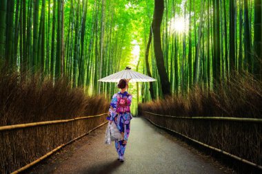 Geleneksel kinono ve şemsiyeli bir kadınla Arashiyama 'da bambu ormanı. Japonya