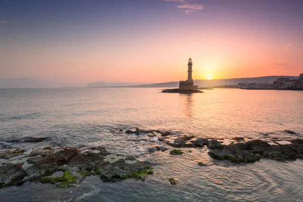 Lighthouse Old Venetian Port Chania Sunrise Crete Greece — Stock Photo, Image